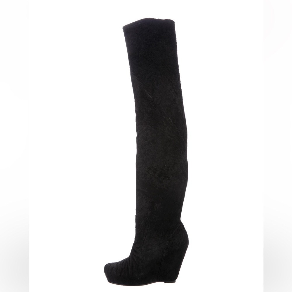 Rick Owens Thigh High Textured Suede Wedge Boots